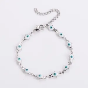 Bracciale in acciaio inox argento con ciondoli Hamsa malocchio bianchi e blu