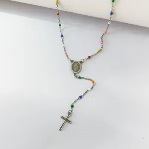 Silver stainless steel rosary necklace with colorful beads and cross pendant detail.