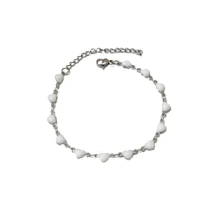 Elegant silver stainless steel chain bracelet with charming white enamel heart-shaped links