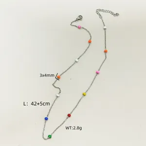 Detail view of colorful dopamine rainbow bead necklace with length and weight specs