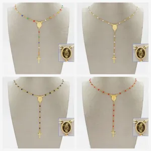 Religious Stainless Steel Cross Necklace For Women Men Gold Silver Virgin Mary Medal Pendant Drip Oil Bead Necklace Rosary Jewelry