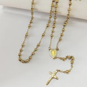 Collana rosario in acciaio inossidabile dorato con medaglia Maria e croce