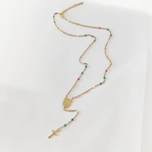 Handcrafted colorful enamel bead rosary necklace with a golden cross and medal.