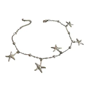 Silver stainless steel anklet with starfish charms and round beads for summer beach wear