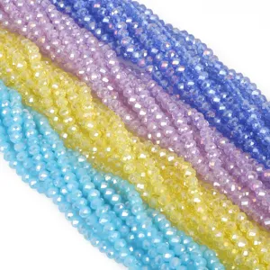 4mm faceted glass rondelle crystal beads in blue, purple, yellow, and light blue.