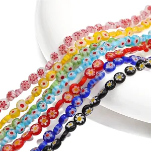 Perles Rondes Plates en Verre au Chalumeau Millefiori Faites à la Main Pour la Fabrication de Bijoux DIY Bracelet Chaîne de Téléphone Accessoires de Perles à Motif Floral