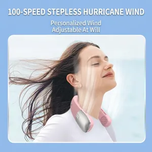 Detailed view of portable bladeless neck fan worn around neck with 100 speed settings