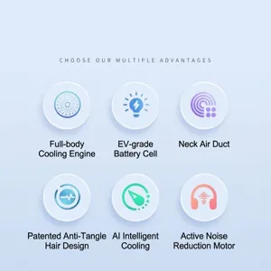 Technical features of bladeless neck fan including AI cooling and low noise motor details.