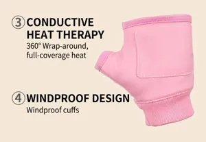 Detail view of pink USB heated half-finger glove showing heating area and windproof cuff