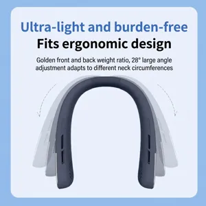 Detail of bladeless neck fan showing 28-degree adjustable ergonomic design for comfort