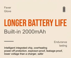 Detailed technical specifications of USB heated gloves showing 2000mAh battery and safety features