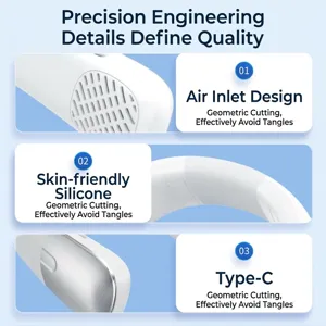 Close-up details of bladeless neck fan: air intake, skin-friendly silicone, and Type-C port