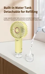 Draagbare mini-vernevelingsventilator met afneembaar waterreservoir en USB-opladen geel.