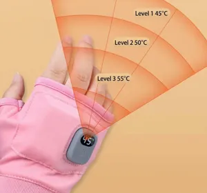 USB heated fingerless gloves in pink showing three adjustable temperature gears