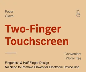 Graphic showing two-finger touch screen and half-finger design features for winter gloves