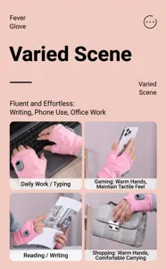 Detail view of pink USB heated fingerless gloves used in various daily scenarios
