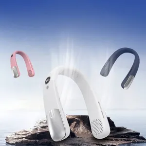 Portable leafless neck fan with 100 speeds and digital display on ocean background