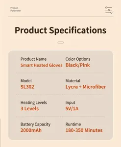 Detailed technical parameters of USB smart heated winter gloves with 2000mAh battery.
