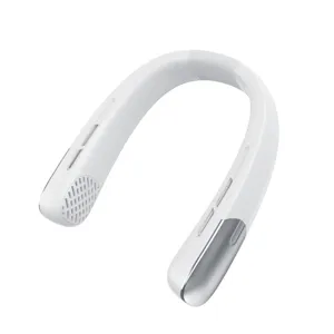 Portable white leafless neck fan with USB rechargeable battery for outdoor cooling