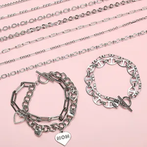Silver stainless steel DIY chain set with heart charms for handmade jewelry making.