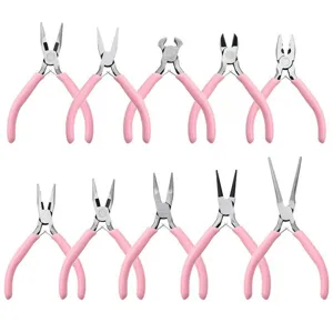 Comprehensive set of 10 mini jewelry pliers with ergonomic pink handles for DIY beading.