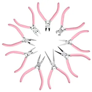 Comprehensive set of 10 mini jewelry pliers with pink handles for DIY crafting