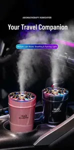 Dettaglio dell'umidificatore per auto con nebbia LED colorata nel portabicchieri