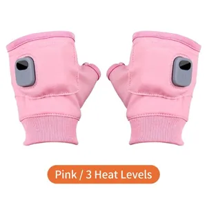 Pink USB heated half-finger gloves with 3-gear adjustable control buttons for winter