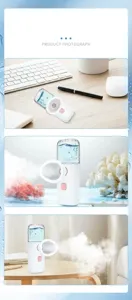 Portable handheld eye mist sprayer shown in professional office and home settings with mist detail