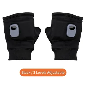 Close-up of black heated fingerless gloves showing the three-speed adjustable controller