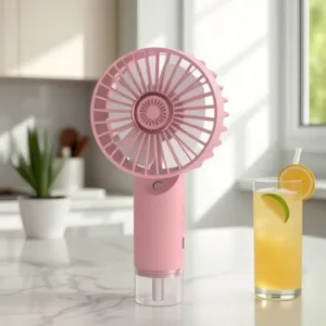 Vista detallada del ventilador nebulizador portátil rosa con bebida refrescante de verano