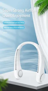 Nahaufnahme eines tragbaren weißen blattlosen Halsventilators mit ergonomischem Design