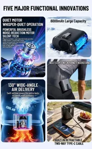 Multifunctional portable waist fan with 6000mAh battery and built-in Type-C cable