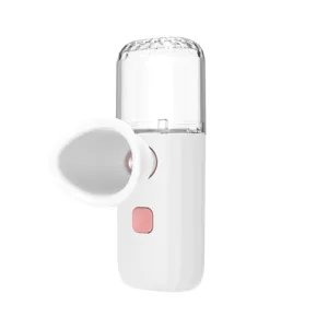 Detailed side view of a white portable handheld nano eye atomizer for hydration and dry eye relief