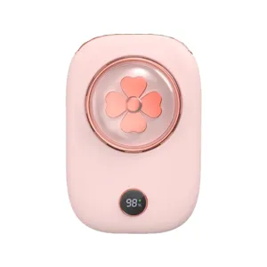 Rosa tragbarer Halsventilator mit USB-Aufladung und digitaler Anzeige im Kleeblatt-Design