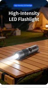 Tragbarer Camping-Handventilator mit LED-Taschenlampe auf einem Holztisch