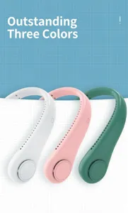 Tragbarer blattloser Halsventilator in drei modischen Farben: Weiß, Rosa und Grün.