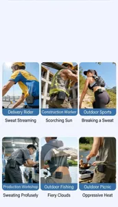Outdoor portable waist fan demonstrated in delivery fishing and construction scenarios