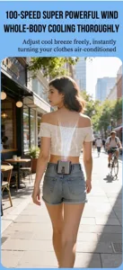 Outdoor model walking with a portable cooling waist fan attached to denim shorts back
