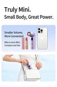 Tragbarer Mini-Ventilator in Lippenstiftgröße neben einem Smartphone im Detail
