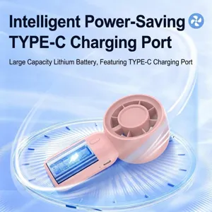 Close-up detail of a pink handheld mini fan featuring its USB Type-C charging port