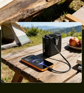 Portable waist fan charging a smartphone via integrated retractable Type-C cable in nature.