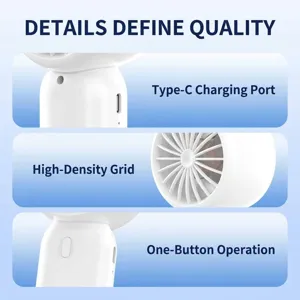 Close-up detail of Type-C charging port and high-density grille on white handheld fan
