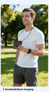 Detailed view of an Asian man wearing the portable black neck fan during outdoor activities