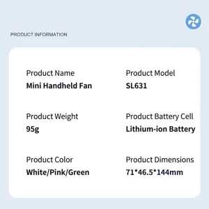 Detailed technical specifications for the mini handheld fan including size and battery