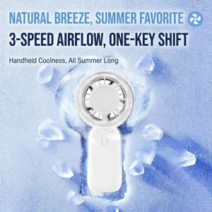 Close-up of a white portable handheld mini fan on a cool blue ice texture background