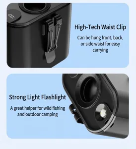 Detail view of portable waist fan showing sturdy belt clip and LED flashlight