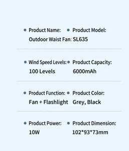 Detailed technical specifications table for outdoor waist fan with 6000mAh battery
