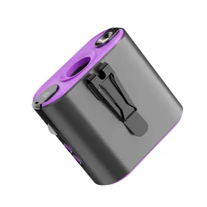 Portable gray and purple waist fan with flashlight and LED battery display