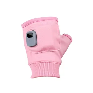 Detail view of pink USB heated fingerless glove showing the power control button